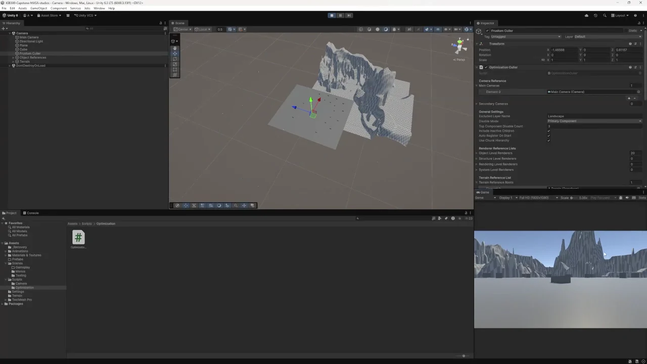 Unity Scene and Game views showing only terrain sections around the active camera area.