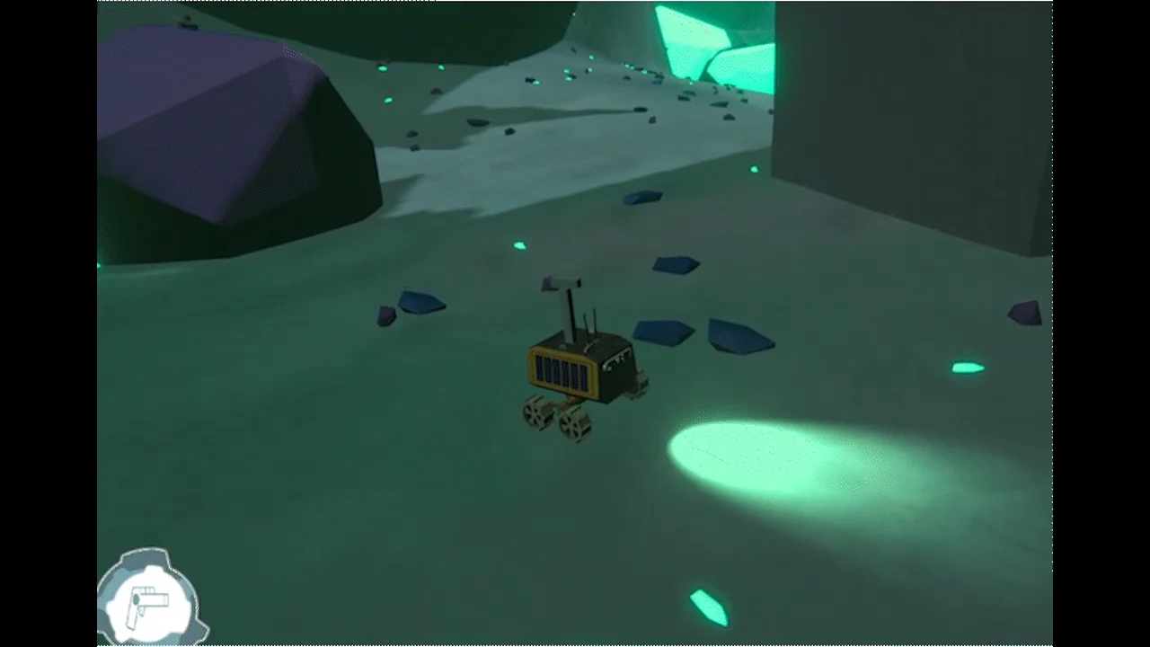 The rover pitching during a jump test above uneven alien terrain.